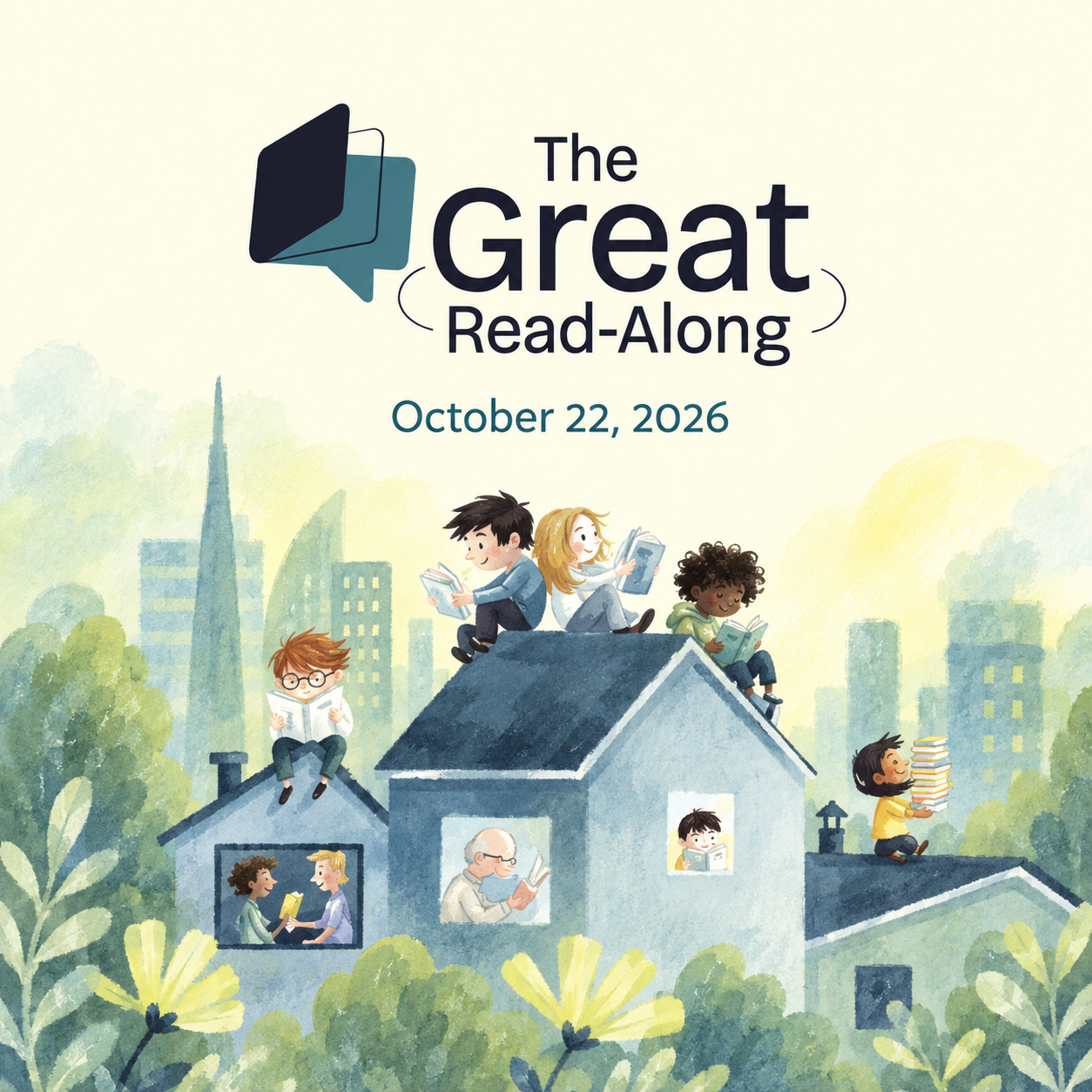 The Great Read-Along, October 22, 2026. Illustrated children and adults read books together on and around neighbourhood rooftops.